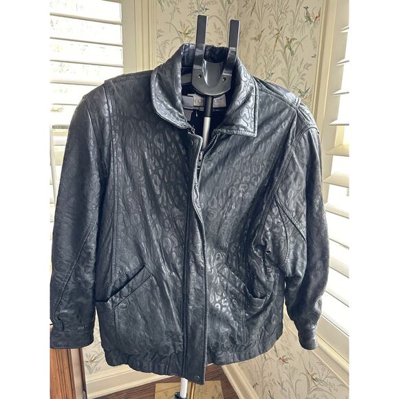 Andrew Marc leather jacket Leopard Embossed Size Large Bomber Full Zip Motto - Picture 1 of 9